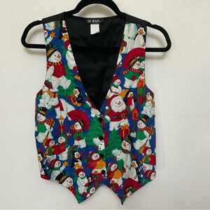 111 Main Vintage Snowman, Penguin Print Button Front Vest Size Medium Christmas